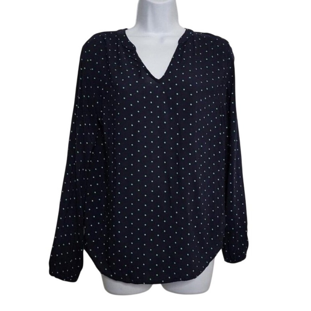 GAP Size XS 'Marine Blue Dot' Pullover 100% Rayon Band Collar V-neck Blouse